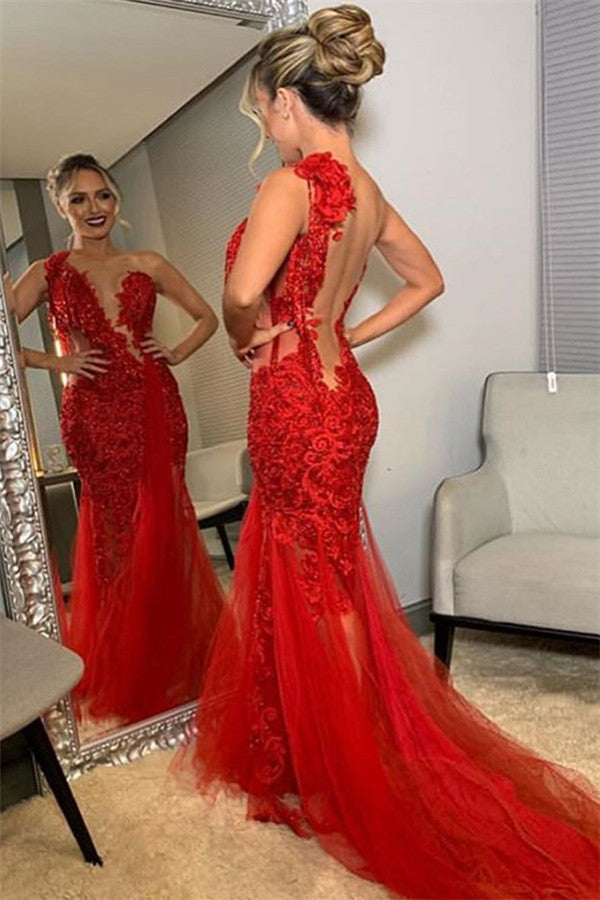 Long One Shoulder Lace Mermaid Red Prom Dress with Slit