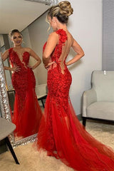 Long One Shoulder Lace Mermaid Red Prom Dress with Slit