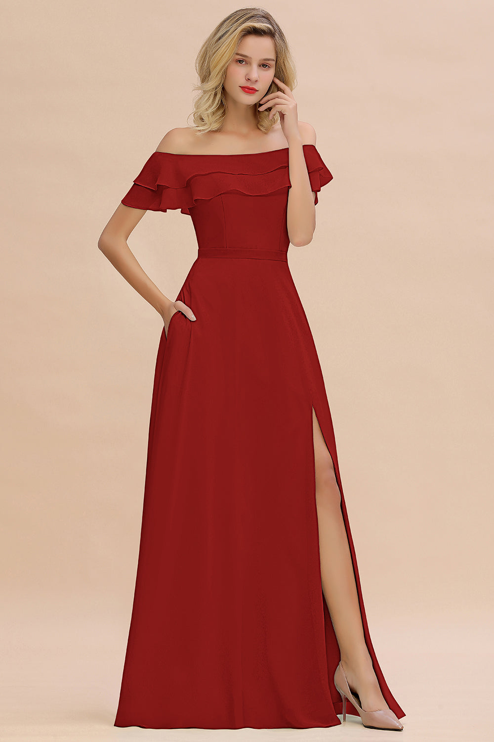 Off the Shoulder Front Slit Mint Green Long Bridesmaid Dress