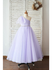 Long One Shoulder Tulle Floor Length Birthday Party Girl Dresses