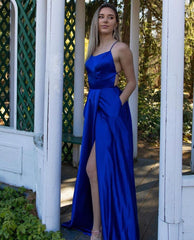Simple Long A-line Spaghetti Straps Stain Backless Prom Dress With Slit
