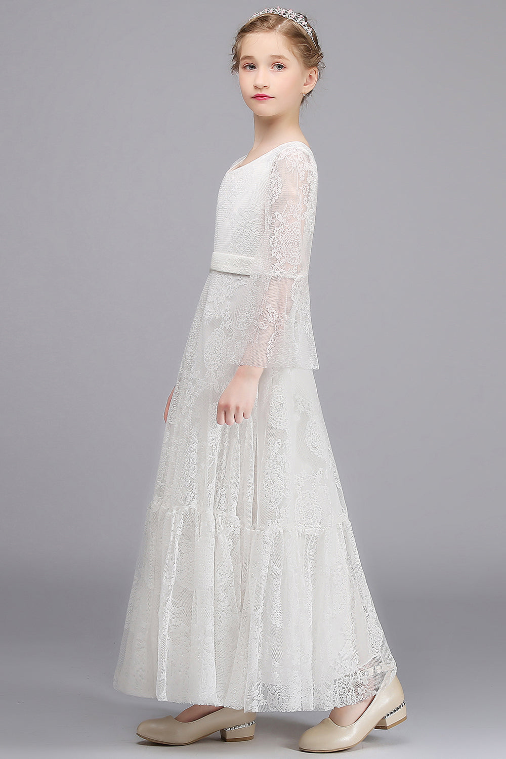 Long A-line Appliques Lace V-neck Floor Length Flower Girl Dress with Sleeves