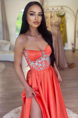 A-Line Strapless Long Satin Prom Dress with Slit