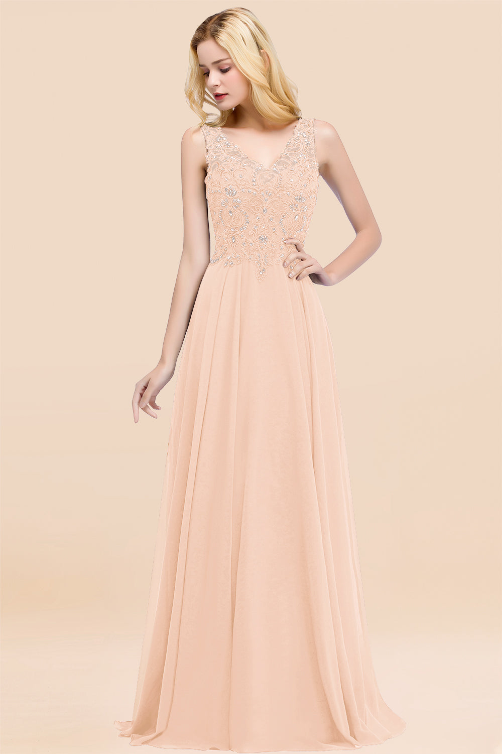 Dusty Rose Lace V-Neck Long Bridesmaid Dresses With Appliques