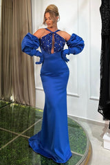 Mermaid Long Sleeve Floor Length Satin Prom Dress with Beads