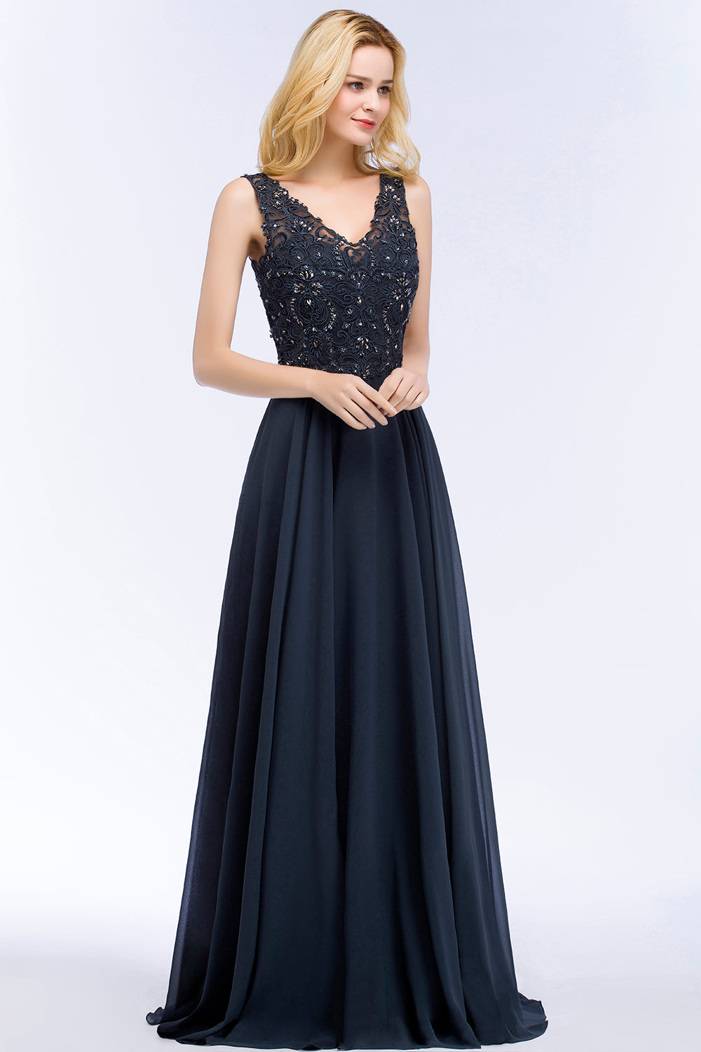 A-line Chiffon Appliques V-neck Sleeveless Floor Length Bridesmaid Dresses with Crystals