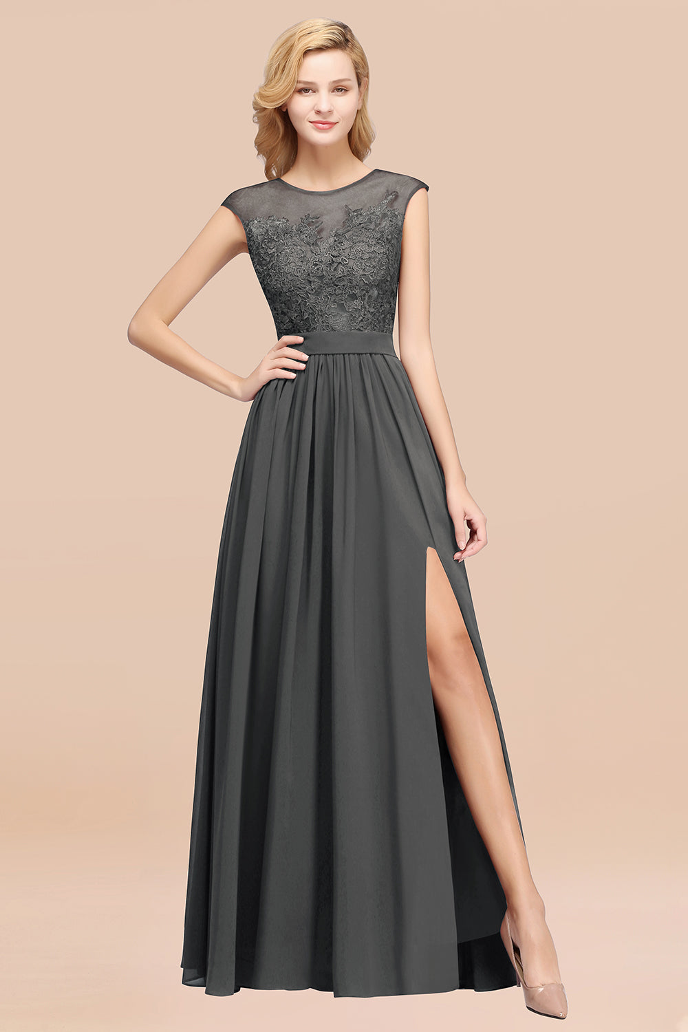 A-line Chiffon Lace Jewel Sleeveless Floor Length Bridesmaid Dresses with Appliques