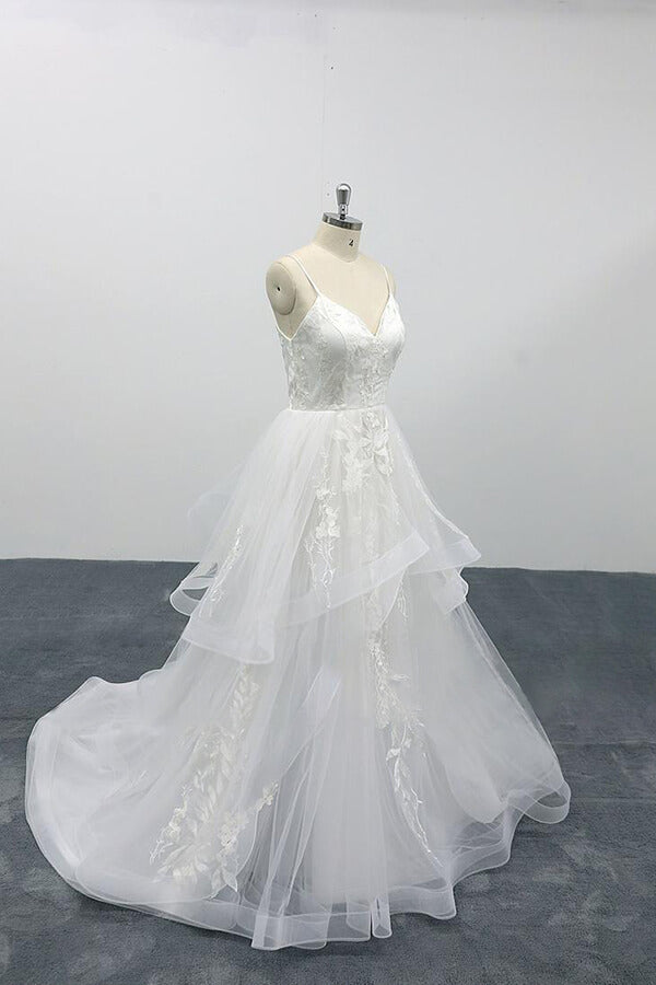 Long A-line Sweetheart Appliques Spaghetti Strap Tulle Backless Wedding Dress