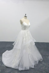 Long A-line Sweetheart Appliques Spaghetti Strap Tulle Backless Wedding Dress