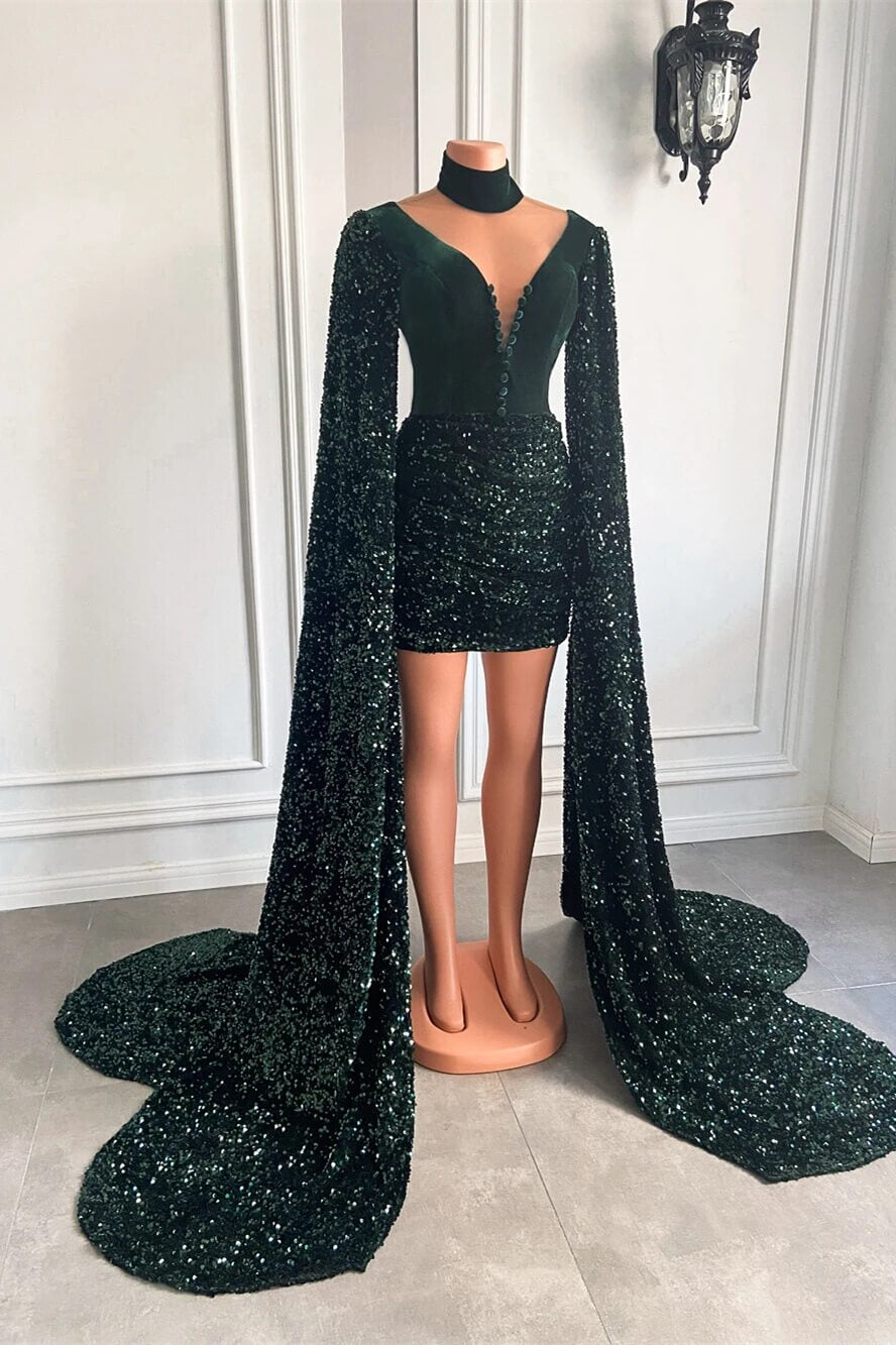 Unique Sequined Long Sleeve Mermaid Dark Green Short Party Dress