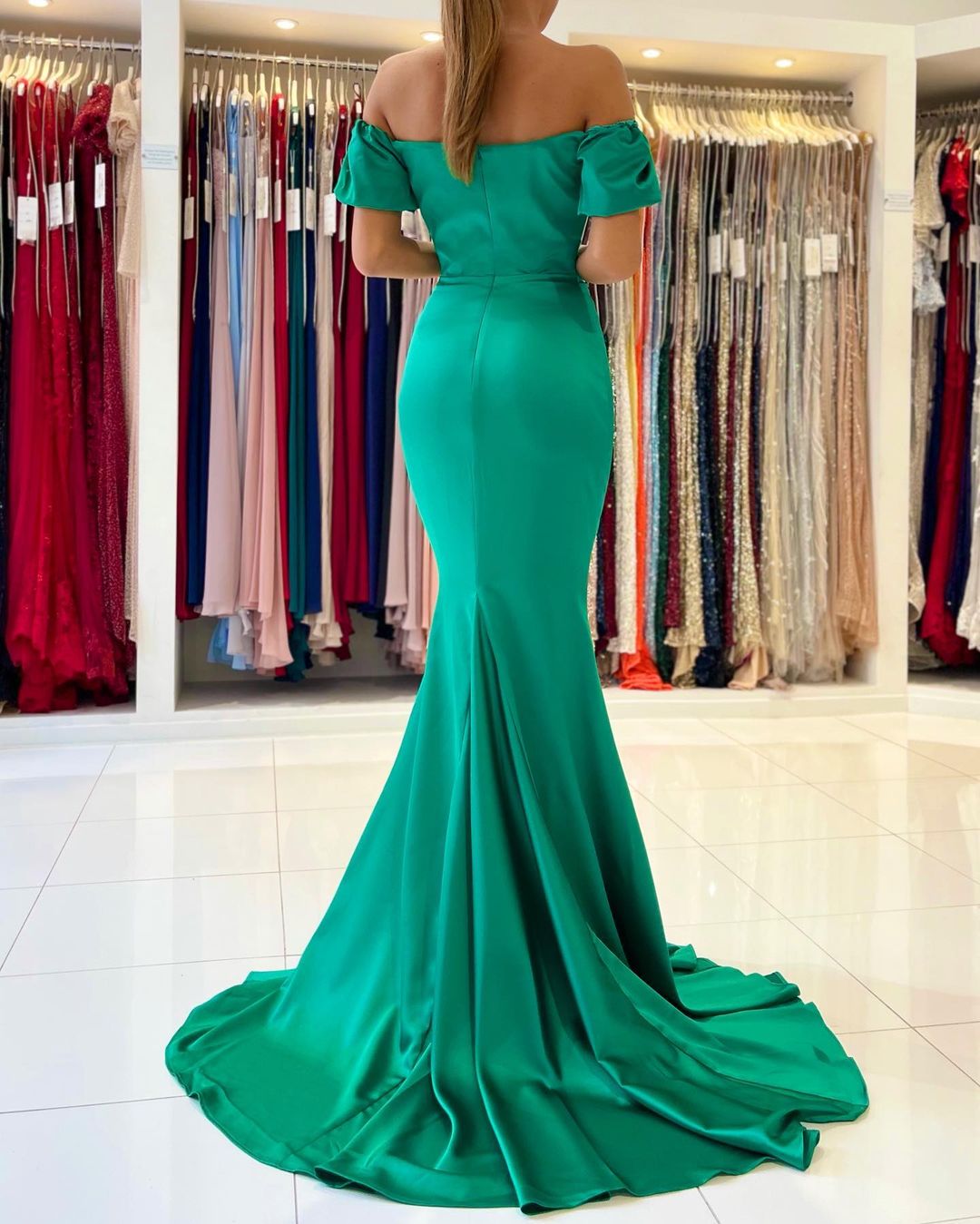 Stunning Long Mermaid Off the Shoulder Satin Prom Dresses with Sleeves