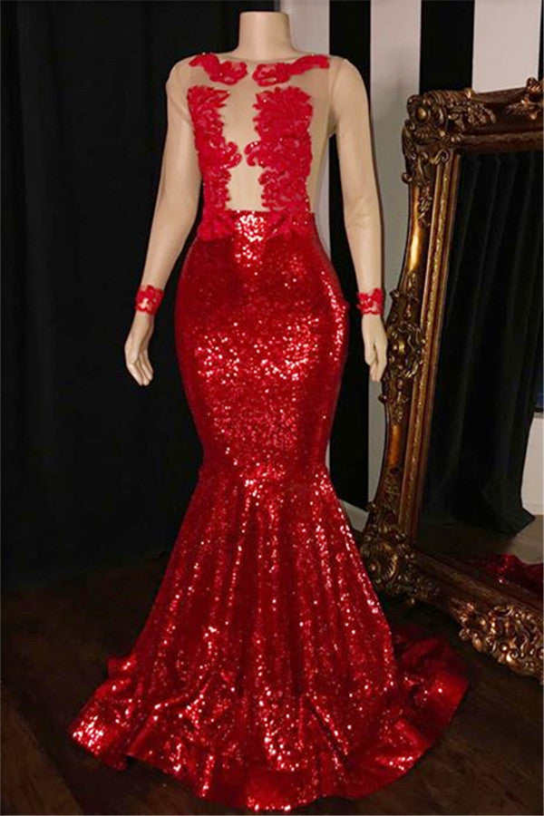 Red Long Sleeves Sequins Mermaid Tulle Prom Dresses
