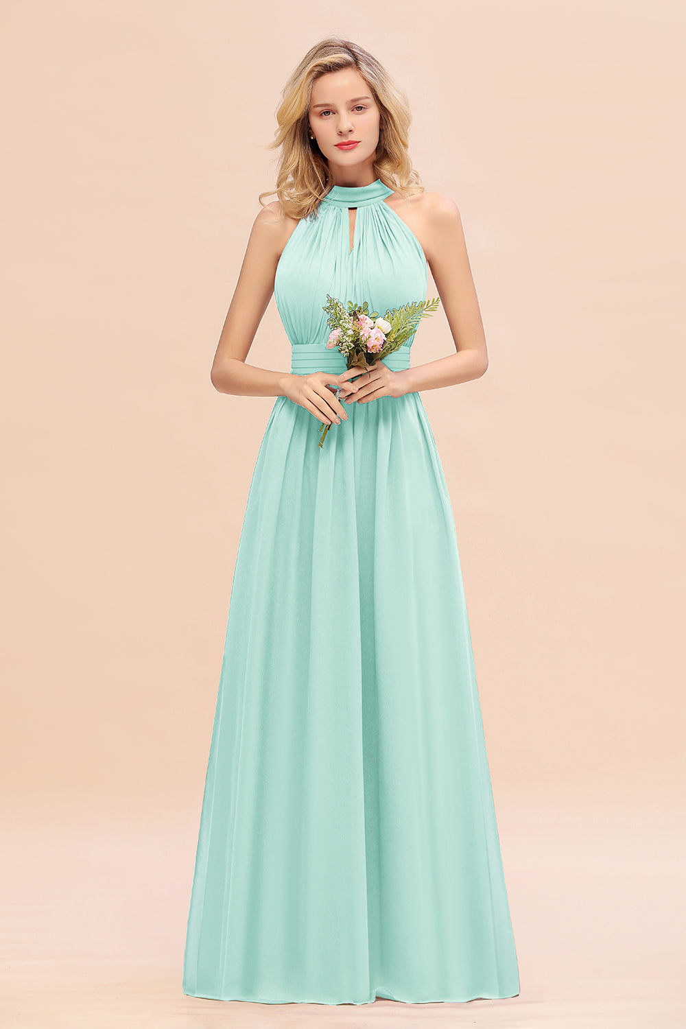 Dusty Sage Long High Neck Chiffon Bridesmaid Dresses with Ruffle