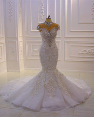 Gorgeous Long High Neck Appliques Lace Crystal Tulle Floor Length Mermaid Wedding Dress