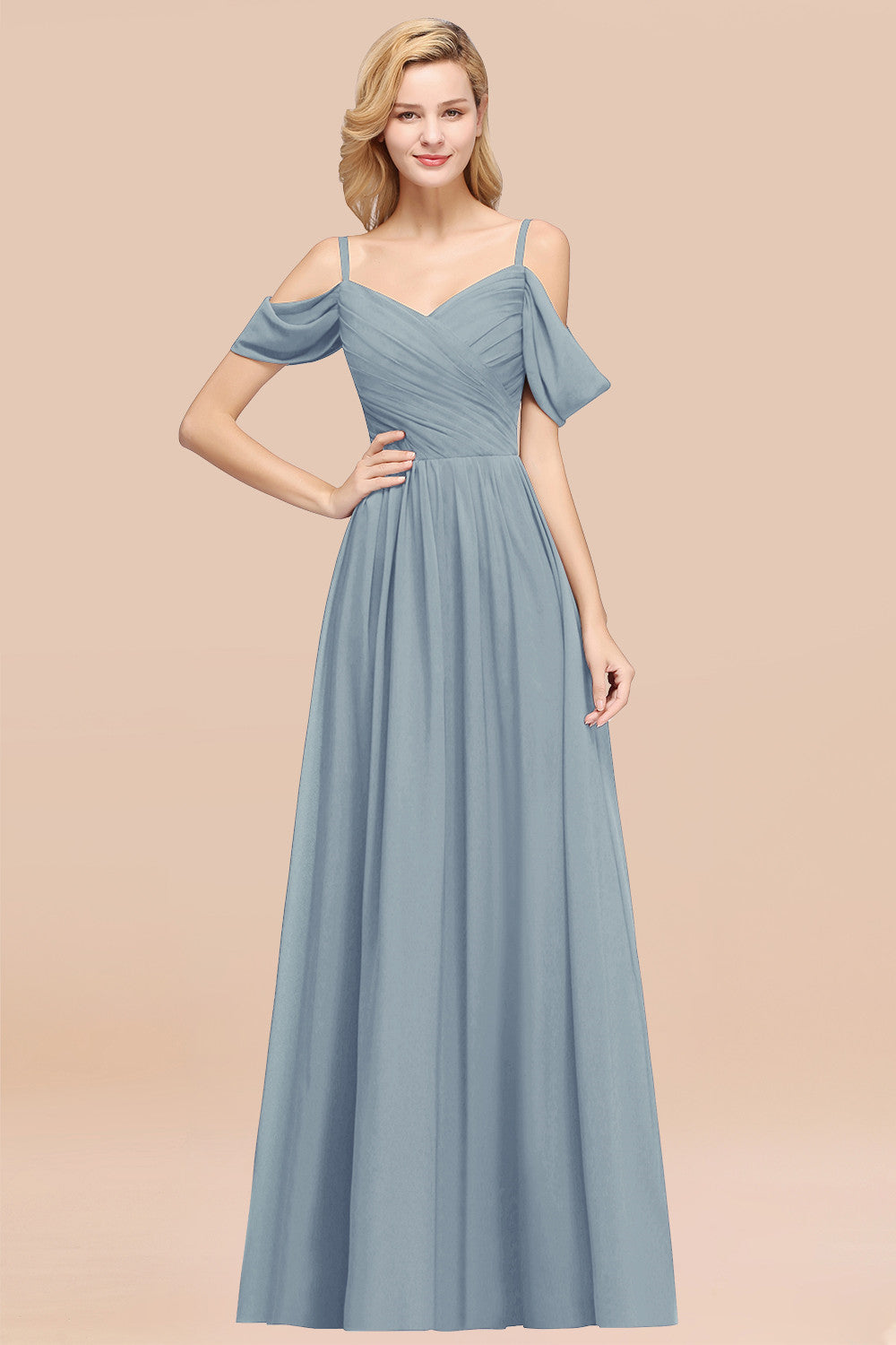 A-Line Chiffon V-Neck Spaghetti Straps Short Sleeves Floor Length Bridesmaid Dresses with Ruffles