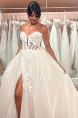 Sexy A-line Sweetheart Sleeveless Lace Chiffon Long Appliques Wedding dress with Split