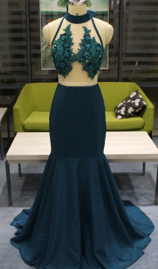 Long High Neck Sweep Train Sleeveless Mermaid Prom Dresses