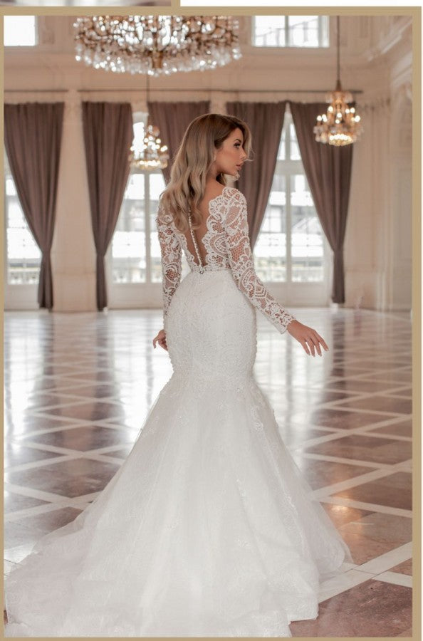 Gorgeous Long Mermaid Sweetheart Tulle Lace Wedding Dresses with Sleeves