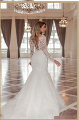 Gorgeous Long Mermaid Sweetheart Tulle Lace Wedding Dresses with Sleeves