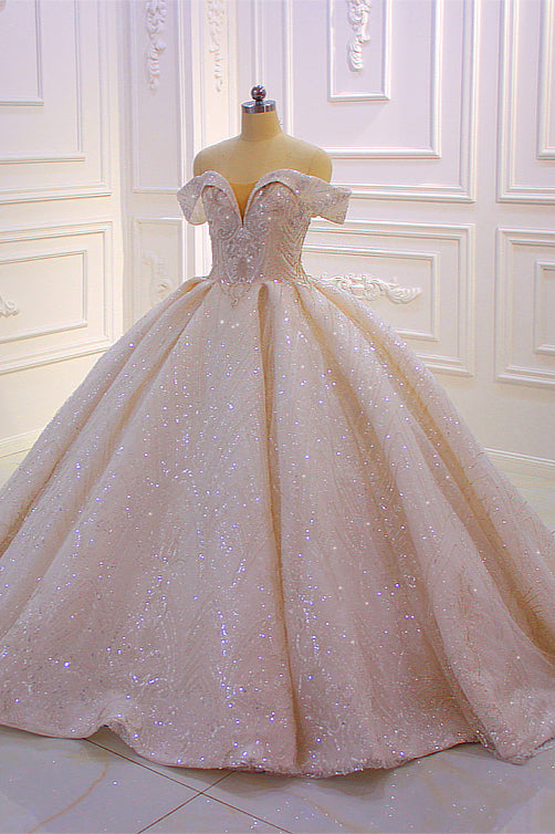 Classy Long Off the Shoulder Sequin Beading Satin Ruffles Ball Gown Wedding Dress