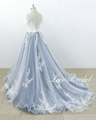 Blue Gray Tulle Long A-line Lace Short Sleeve Beach Wedding Dress