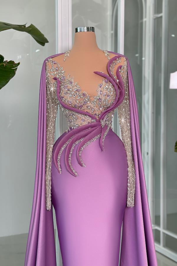V Neck Long Sleeves Mermaid Satin Floor Length Prom Dress with Beads