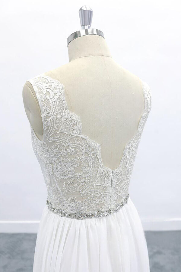 Elegant Long V-neck A-line Lace Chiffon Backless Wedding Dress