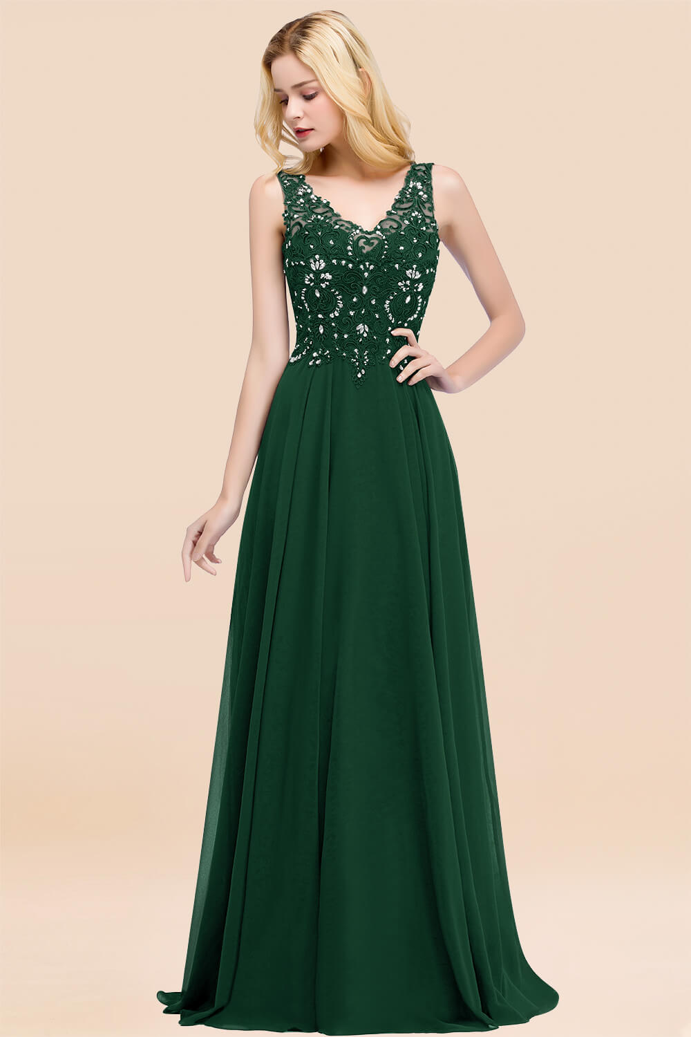 Dusty Rose Lace V-Neck Long Bridesmaid Dresses With Appliques
