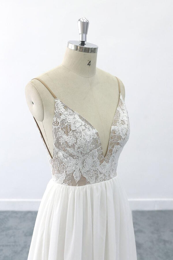 Elegant Long V-neck Lace Chiffon A-line Open Back Wedding Dress