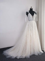Shinny Long Deep V-Neck Backless Lace A-Line Wedding Dresses