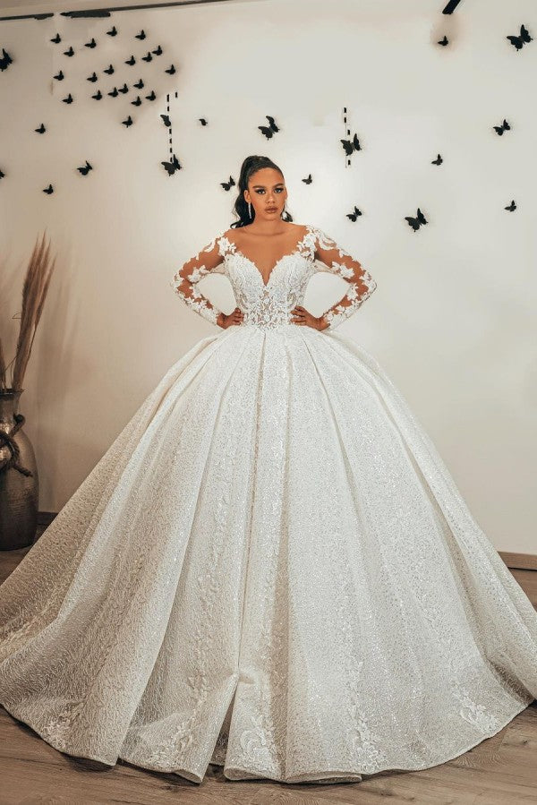 Gorgeous Long Ball Gown Sweetheart Appliques Lace Sequins Ruffles Wedding Dress with Long Sleeve