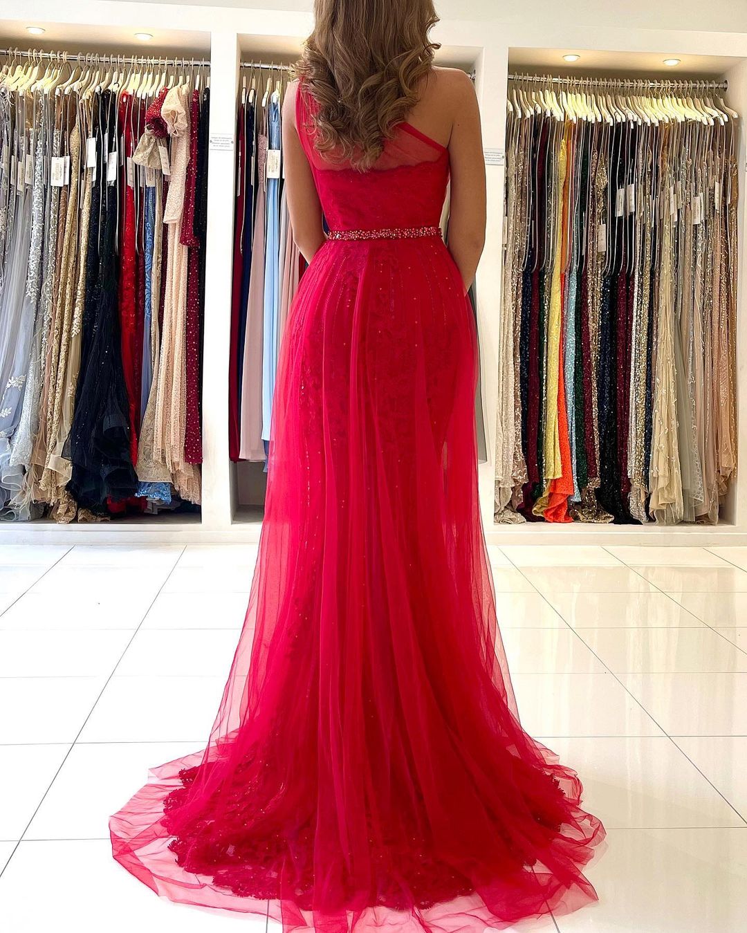 Long Mermaid One Shoulder Tulle Slit Prom Dress with Detachable Train