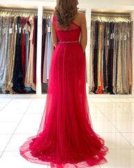 Long Mermaid One Shoulder Tulle Slit Prom Dress with Detachable Train