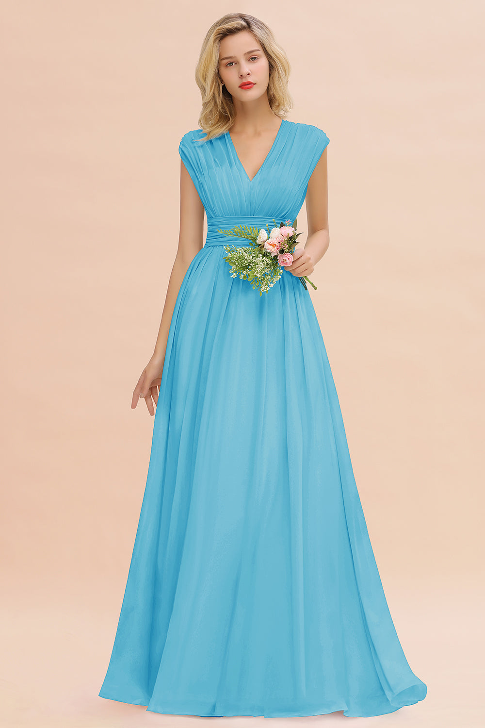 Chiffon V-Neck Sleeveless Elegant A-line Ruffles Bridesmaid Dress