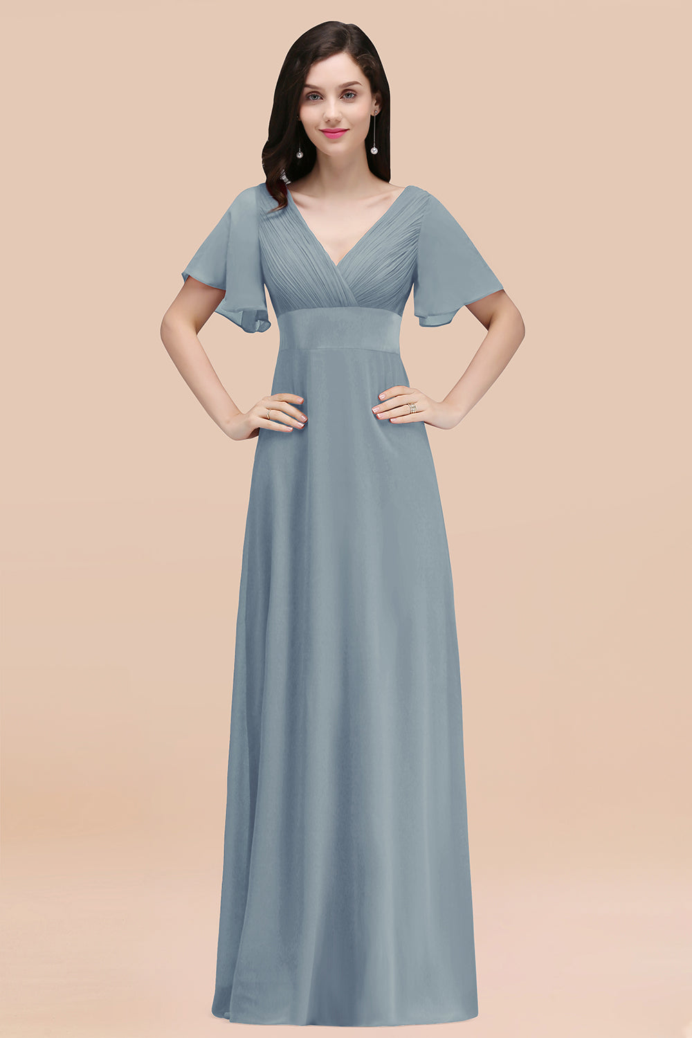 Simple A-Line Chiffon V-Neck Short Sleeves Ruffles Floor Length Bridesmaid Dresses