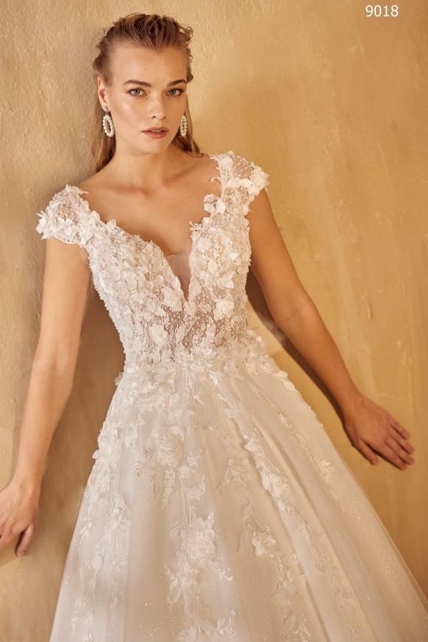 Elegant A-line V-neck Lace Tulle Open Back Long Wedding Dresses with Appliques