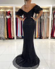 Long Mermaid Off the Shoulder Glitter Side Slit Black Prom Dress with Sleeves