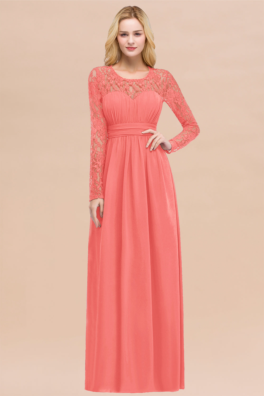 Elegant A-Line Chiffon Jewel Long Sleeves Ruffles Floor Length Bridesmaid Dresses