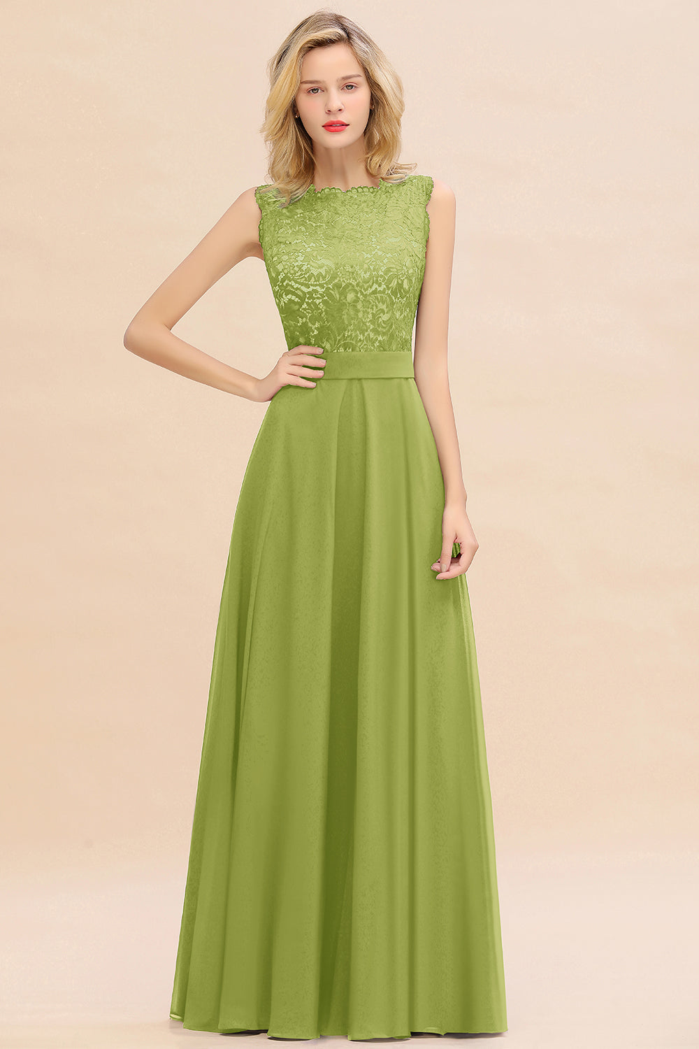 Long A-line Chiffon Lace Sleeveless Bridesmaid Dresses