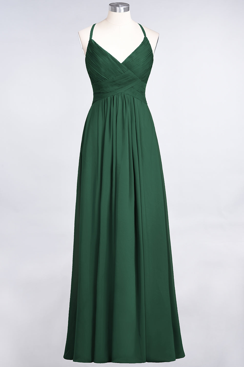 A-Line Chiffon Spaghetti Straps V-Neck Sleeveless Floor Length Bridesmaid Dress with Ruffles
