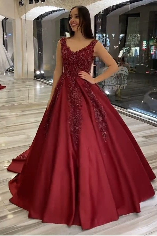 Gorgeous Long Burgundy V-neck Backless A-Line Appliques Beading Satin Ruffles Train Wedding Dress