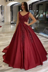 Gorgeous Long Burgundy V-neck Backless A-Line Appliques Beading Satin Ruffles Train Wedding Dress