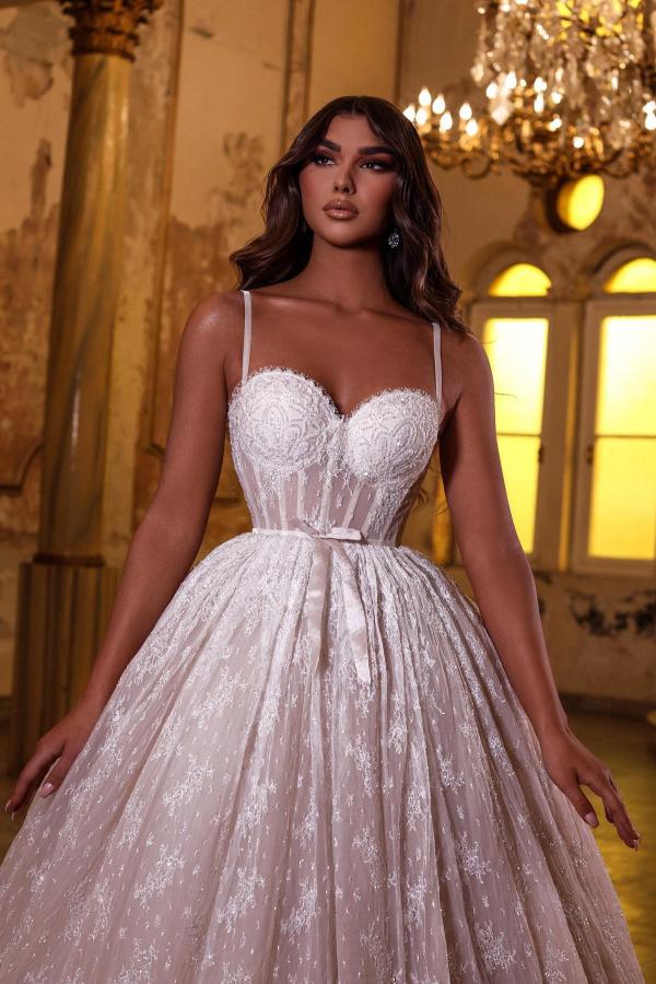 Long Spaghetti Straps Lace Sweetheart A Line Floor Length Wedding Dress