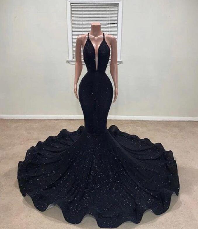 Black Long Mermaid Deep V-neck Sequined Sleeveless Prom Dresses