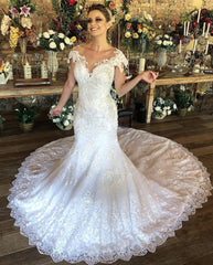 Charming Long Mermaid Sweetheart Lace Wedding Dress with Cap Sleeves
