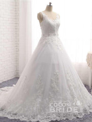 Long V-Neck Beaded Backless Tulle Lace A-Line Wedding Dresses