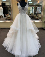 White Long A-line V-neck Tulle Lace Ruffles Wedding Dress