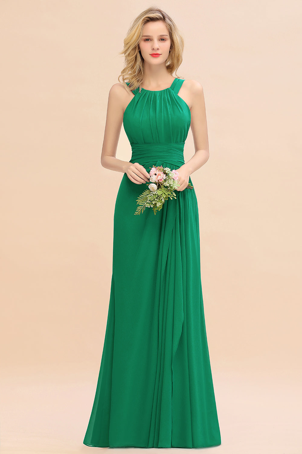 Long A-line Halter Chiffon Backless Floor Length Bridesmaid Dresses