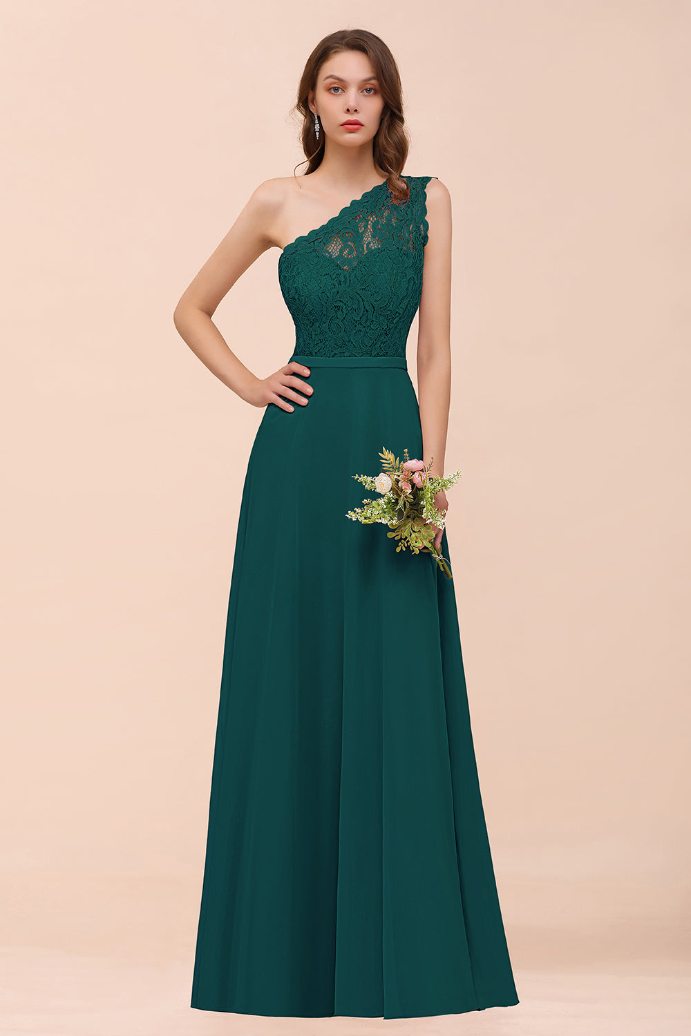 Classy One Shoulder Appliques Lace Floor Length A-Line Chiffon Bridesmaid Dress