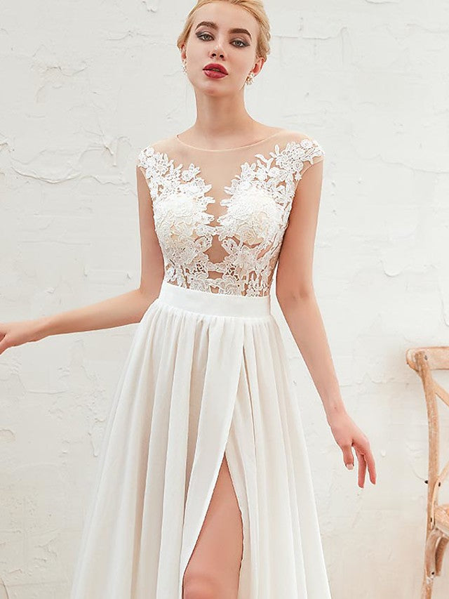 Boho Long A-line Jewel Neck Court Train Chiffon Wedding Dresses with Slit